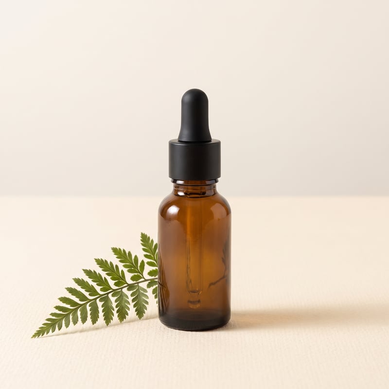 A single Night Drops bottle beside a fern frond