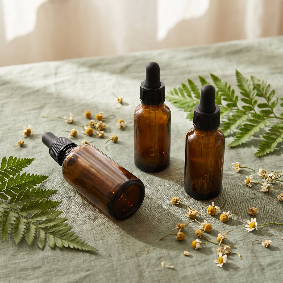 Three amber dropper bottles of Night Drops among fern fronds and chamomile
