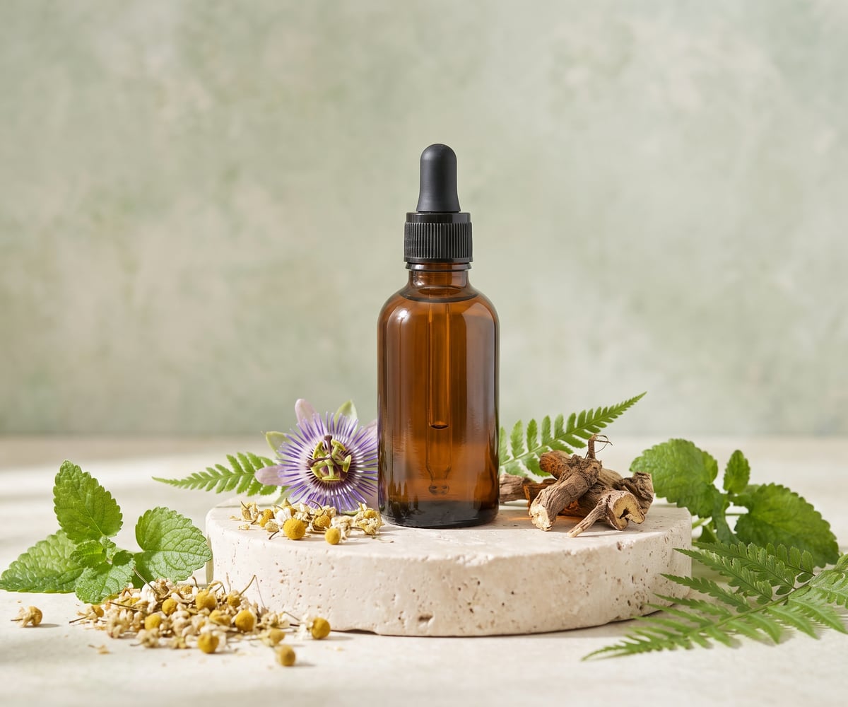 A Night Drops bottle on a travertine plinth with chamomile, lemon balm, passionflower and valerian root
