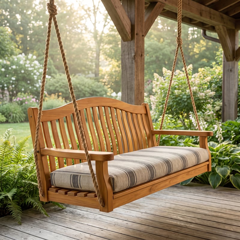 The Alder cedar swing hanging from a porch beam