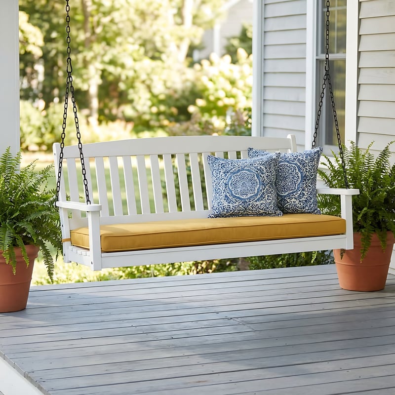 The Hollis painted swing on a narrow front porch
