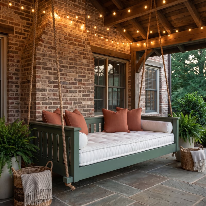 The Wren daybed under a pergola with string lights