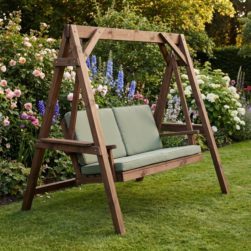 The Fenn A-frame swing standing on a lawn