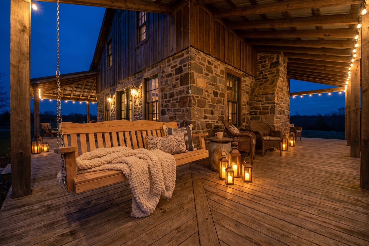 A wraparound porch at dusk with a wooden swing, a wool blanket and lanterns