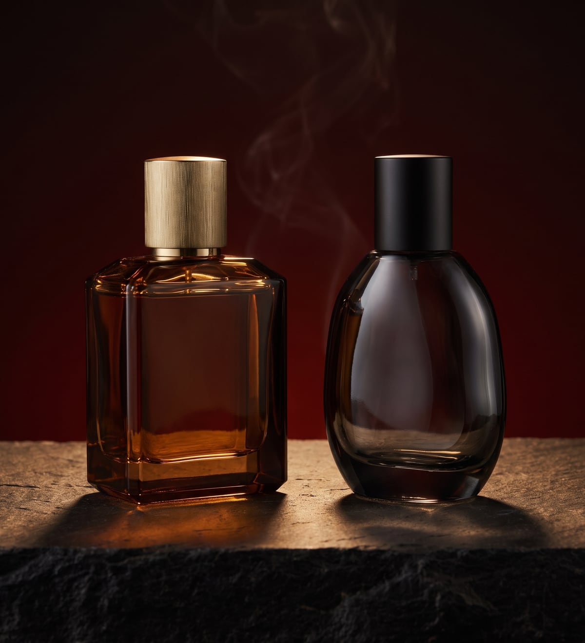 Vesper in amber glass and Cinder Iris in smoked glass on a black stone plinth