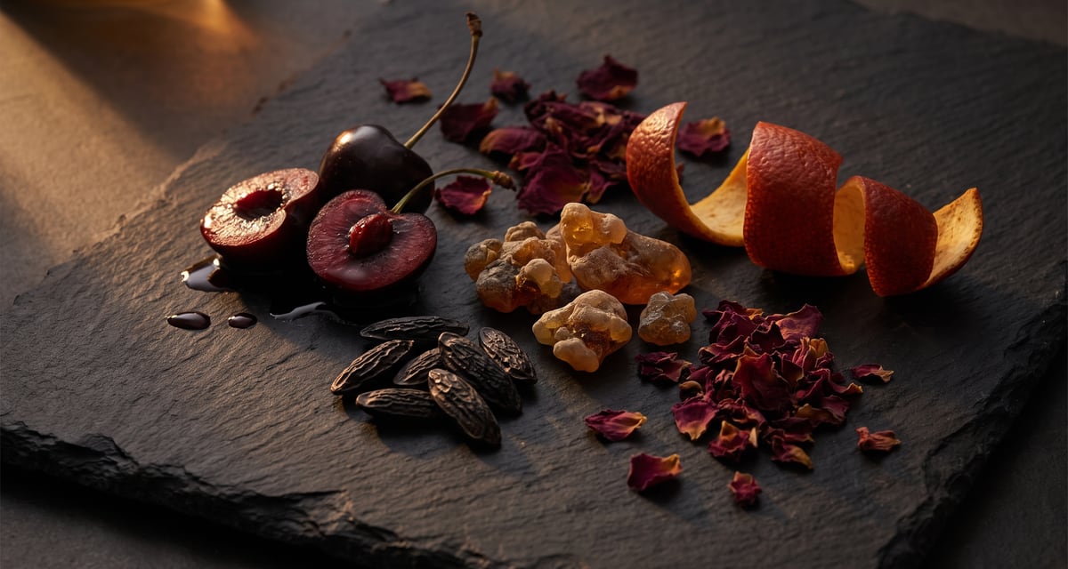 Black cherry, tonka beans, amber resin, rose petals and blood orange peel on slate